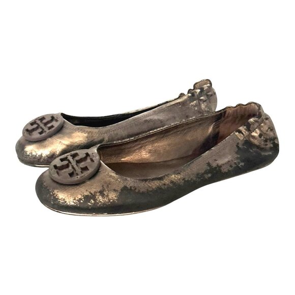 Tory Burch Shoes - Tory Burch Minnie Leather Ballet Flats 8 Pewter Grey Metallic Double T Logo
